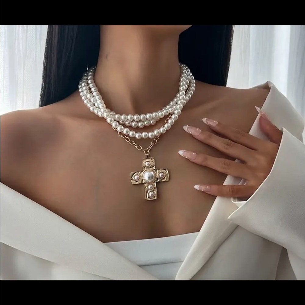 Statement Pearl Silver Cross
Necklace - Fashion
Jewelry!